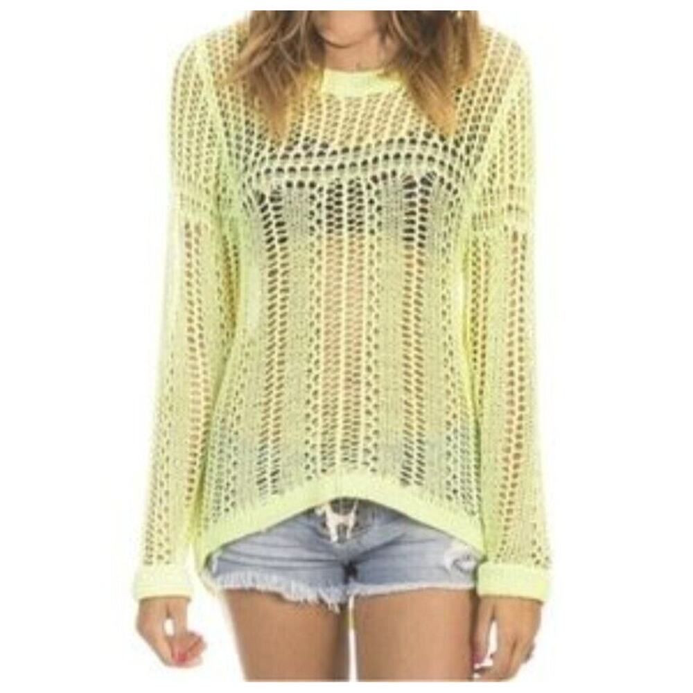 Billabong Designer Closet Large Crocheted Sweater Yellow Knit Hippie Festival